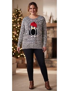 United States Sweater Co. Marled Penguin Christmas Sweater (Size XL)